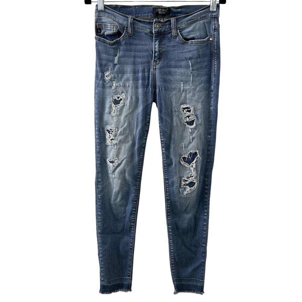 Judy Blue Distressed Skinny Jeans 7/28 Blue Raw Hem Mid Rise Grunge Streetwear